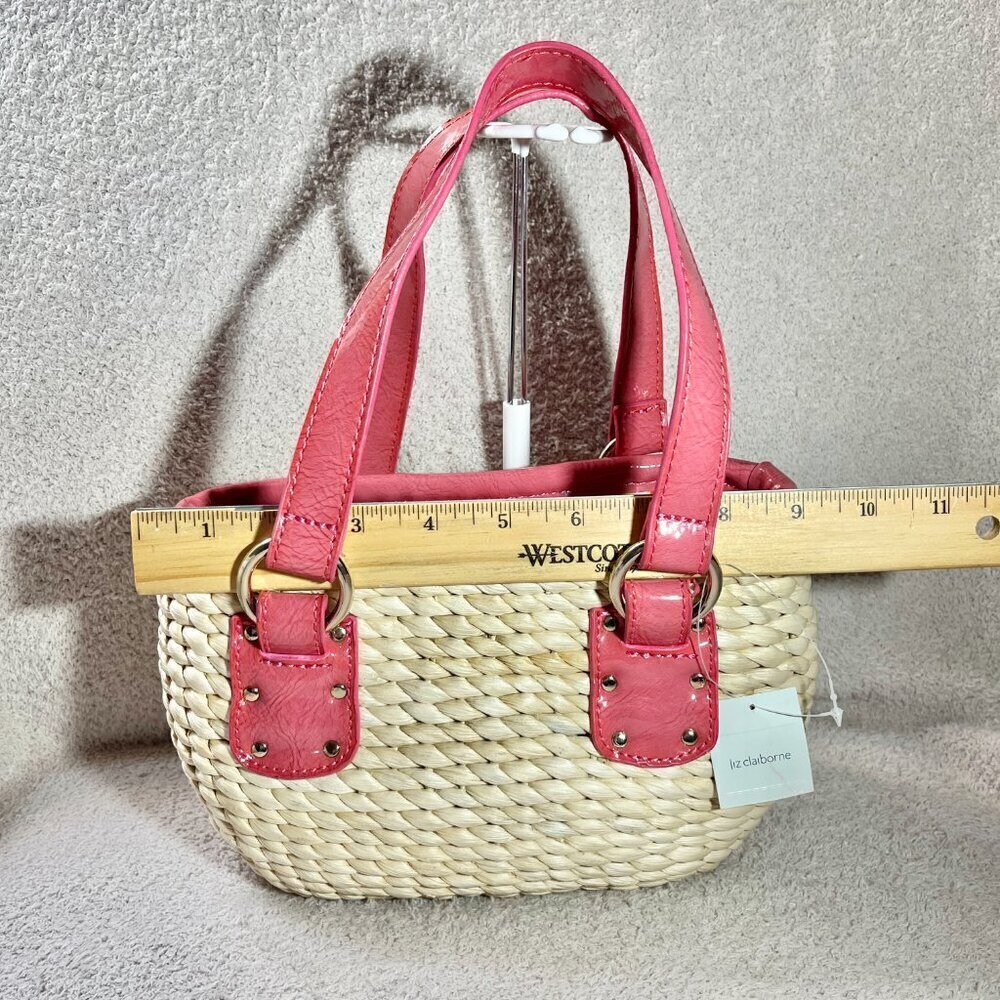 NWT Liz Claiborne Straw Satchel Purse Salmon Pink Trim Woven Cottagecore Summer